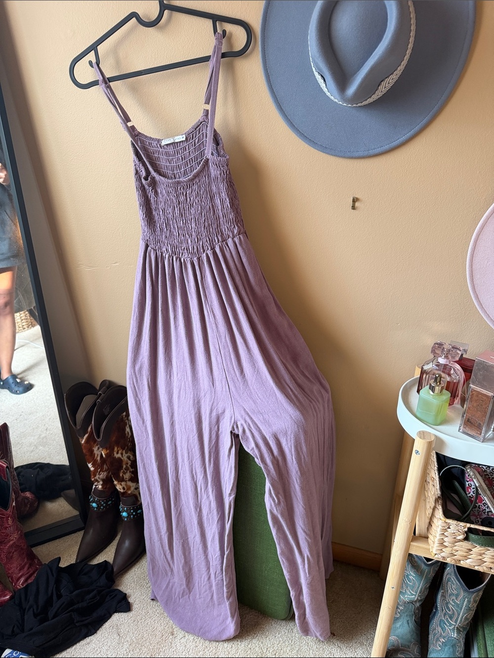 Smocked Lavender Wide-Leg Jumpsuit with Adjustable Straps